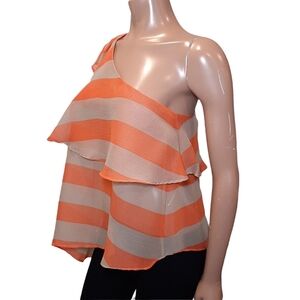 NEW BCBGeneration One Shoulder Ruffled Striped Top Size 8 Medium Orange Tan